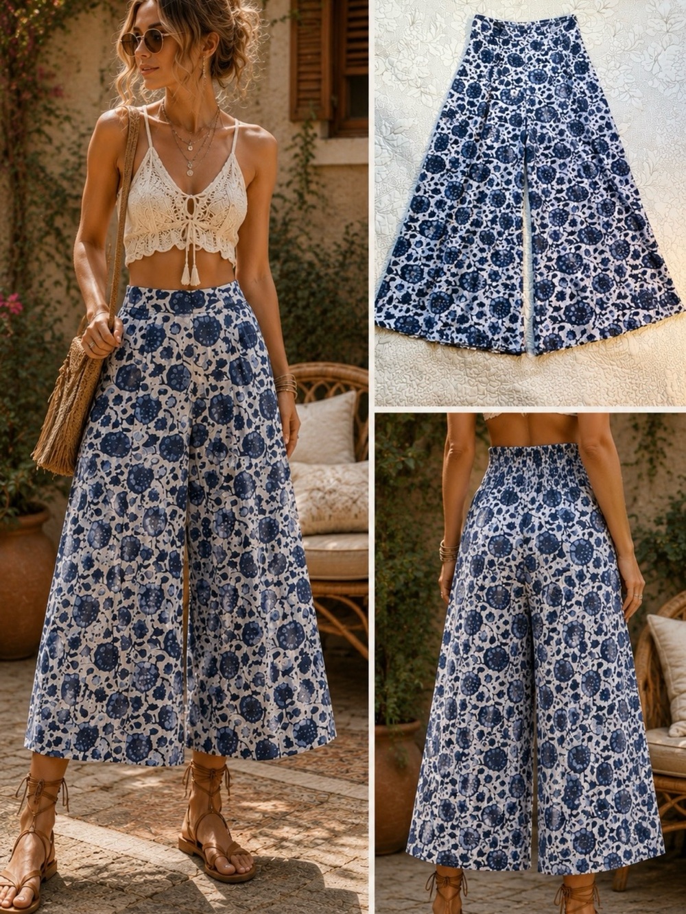 💥Free People Blue Floral Smocked Waist Wide Leg Palazzo Pants Boho Rayon Sz M🧡